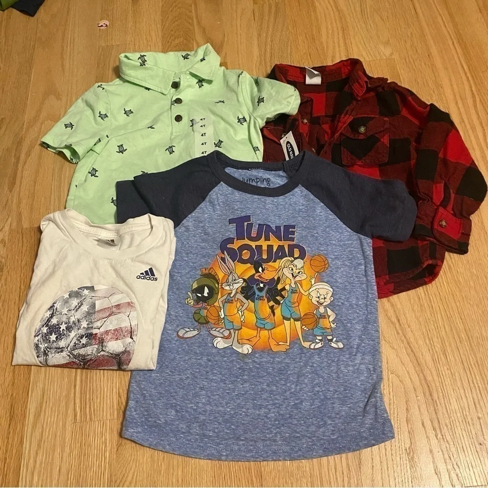 4 4T Shirt Bundle Red Black Plaid Space Jam Old Navy Sea Turtle Adidas Soccer